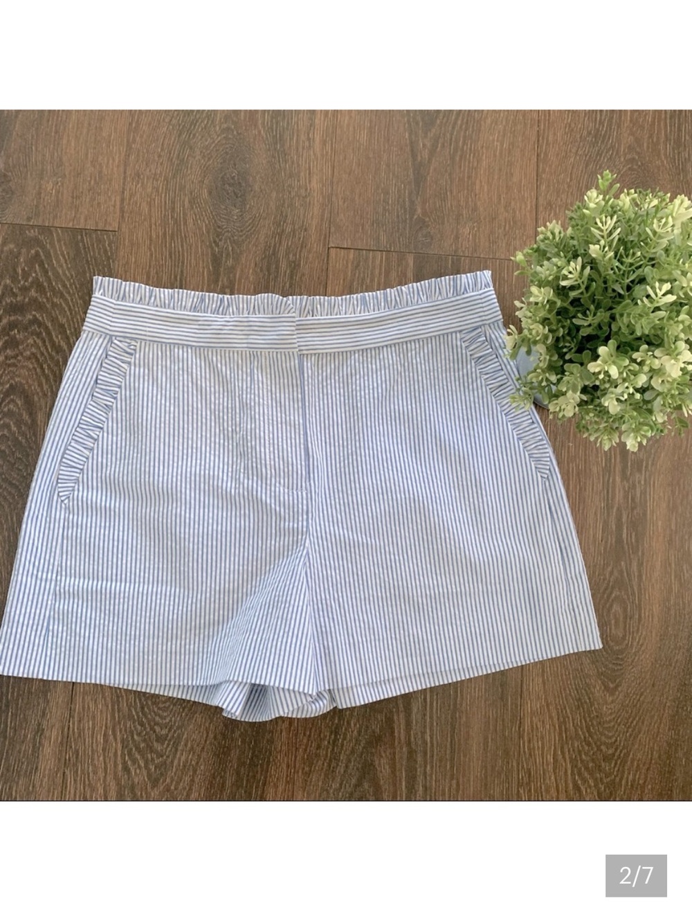 J. Crew Light Blue and White Seersucker High-Waist Shorts